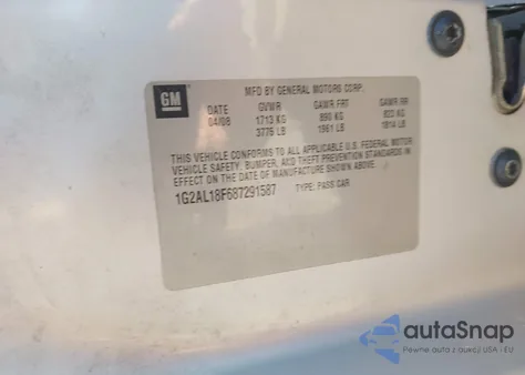 2008 Pontiac G5 z USA, uszkodzony, nr VIN 1G2AL18F687291587